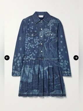 RED Valentino Dark Blue Floral Denim Pleated Shirt Dress Size 40EUR